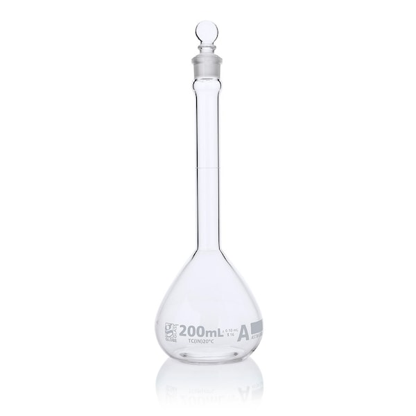 Globe Scientific Flask, Volumetric , Globe Glass, 200mL, Class A, To Contain (TC), ASTM E288, 6/Box 8200200 - main
